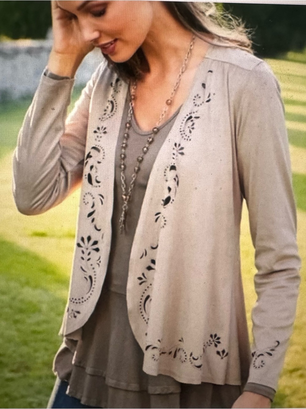 Soft Surroundings - Laser-Cut Taupe Open Cardigan Jacket
